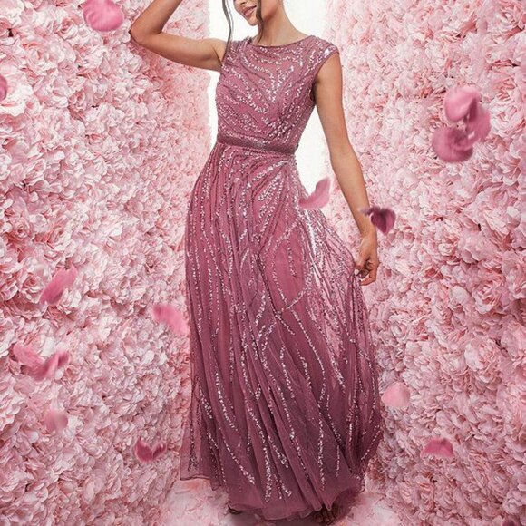 MAC DUGGAL 5445 CAP SLEEVE EMBELLISHED EVENING PLUM MULTI GOWN sz 8 - Picture 1 of 7
